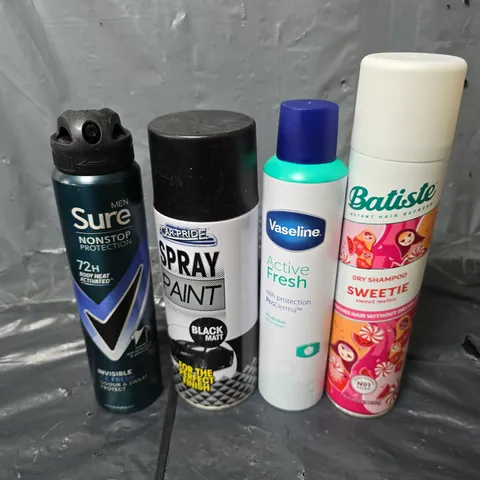 APPROXIMATELY 10 ASSORTED AEROSOLS TO INCLUDE SURE BODY SPRAY , SPRAY PAINT , DRY SHAMPOO , ETC