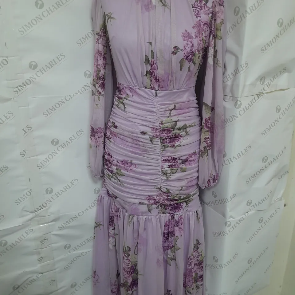 RUCHED MESH DRESS IN PURPLE FLORAL SIZE S