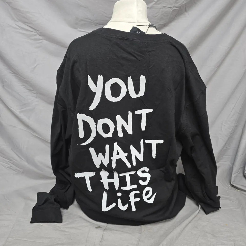 YOU DONT WANT THIS LIFE BLACK LONG-SLEEVE TOUR TEE – REFLECTIVE PRINT, UK XXL
