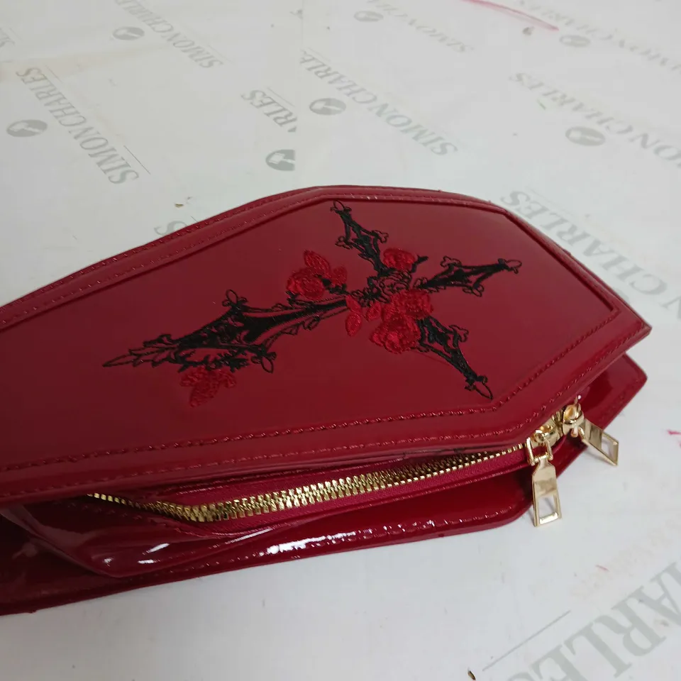 RED COFFIN STYLE HAND BAG 