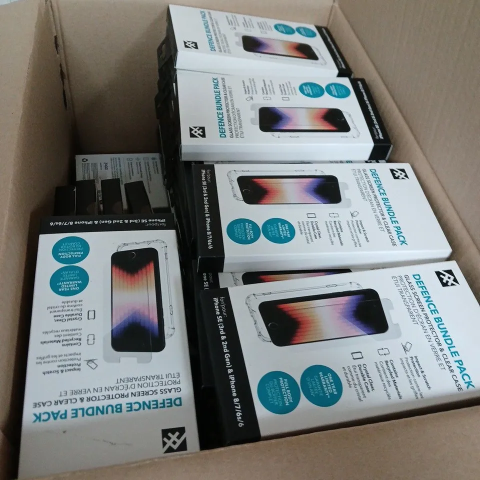 BOX OF APPROXIMATELY 70 DEFENCE BUNDLE PACK: GLASS SCREEN PROTECTOR & CLEAR CASE FOR IPHONE SE (3RD & 2ND GEN) AND IPHONE 8/7/6