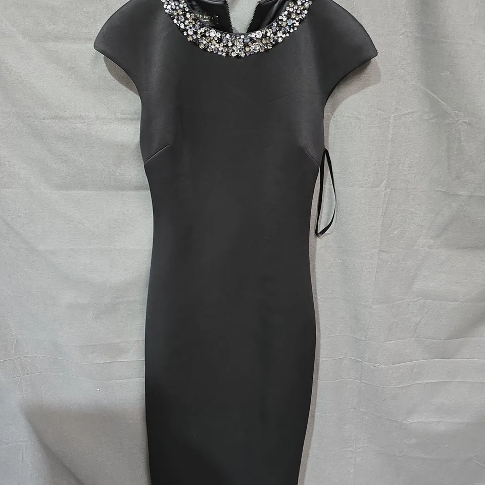 TED BAKER LONDON BLACK DRESS WITH CRYSTAL-EMBELLISHED NECKLINE – SIZE 1