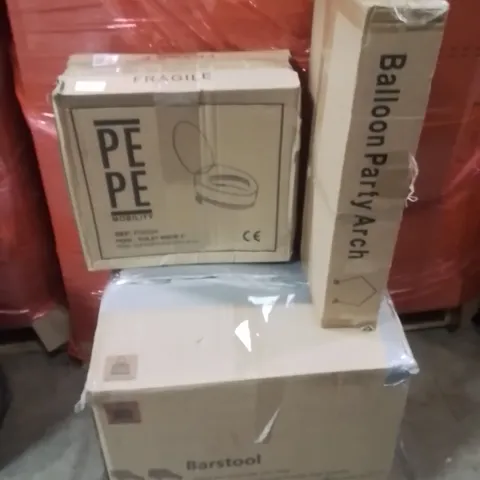 PALLET OF ASSORTED HOUSEHOLD GOODS AND PRODUCTS TO INCLUDE;PARTY ARCH,TOILET RAISER,BARSTOOL