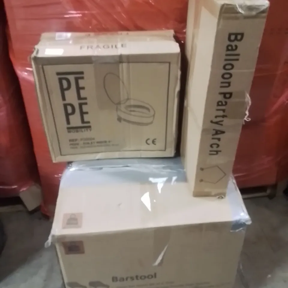 PALLET OF ASSORTED HOUSEHOLD GOODS AND PRODUCTS TO INCLUDE;PARTY ARCH,TOILET RAISER,BARSTOOL