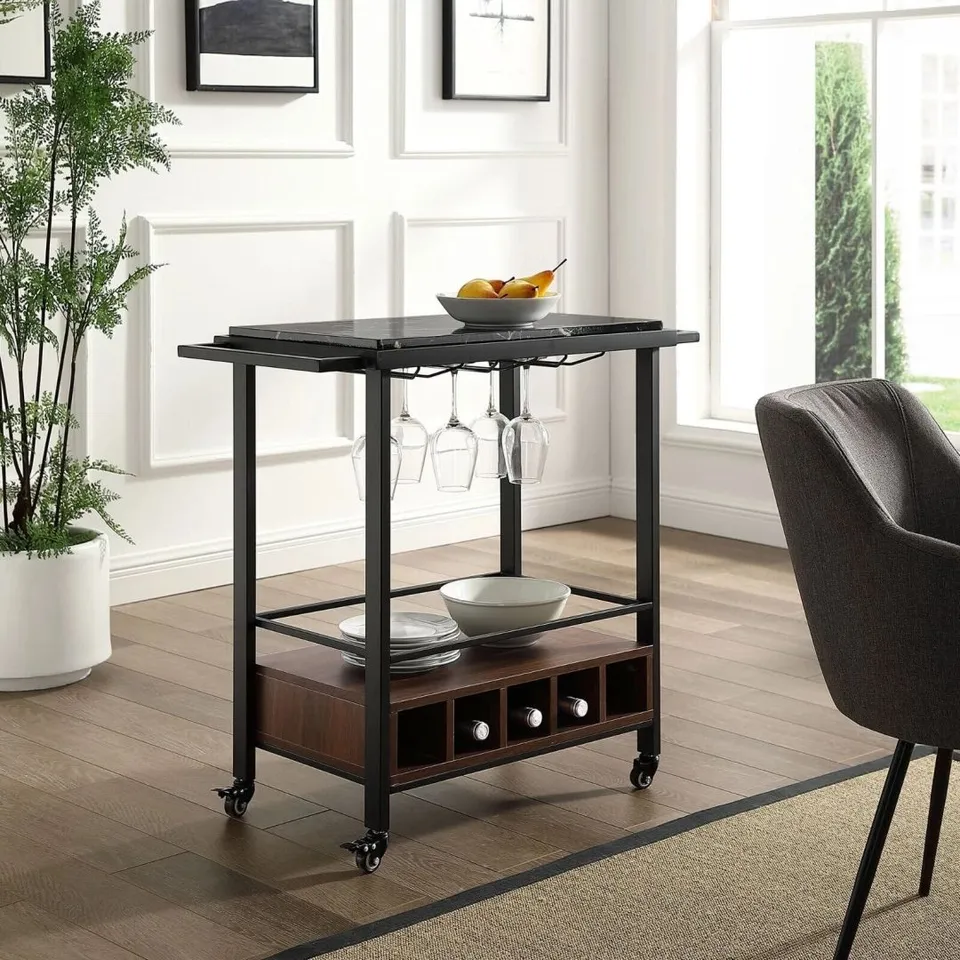 BOXED 34" MODERN INDUSTRIAL BAR SERVING CART - BLACK MARBLE/DARK WALNUT (1 BOX)