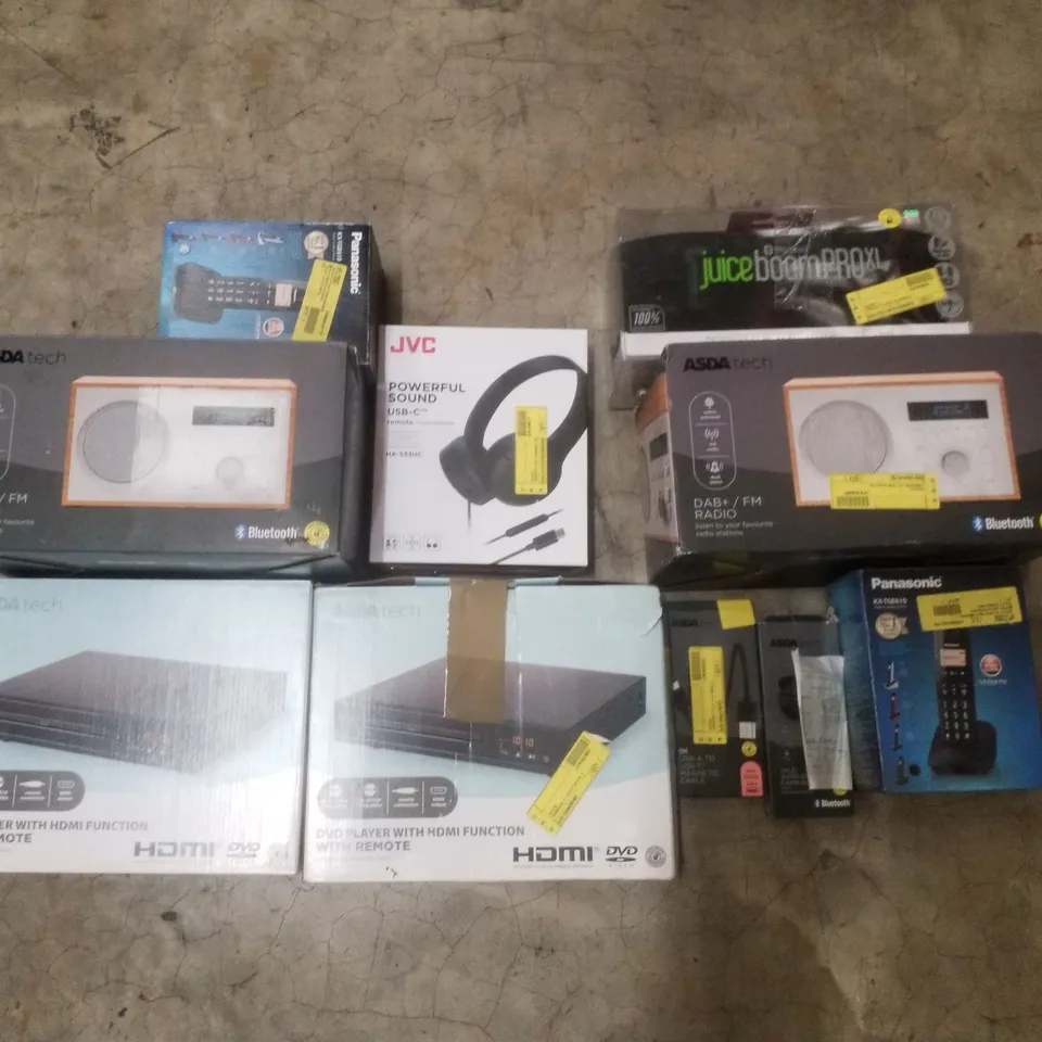 PALLET CONTAINING ASSORTED ELECTRICAL RETURNS INCLUDING DAB+/FM RADIO, DVD PLAYER WITH HDMI FUNCTION, DIGITAL CORDLESS PHONE, WIRELESS EARBUDS & BLUETOOTH JUICE SPEAKER