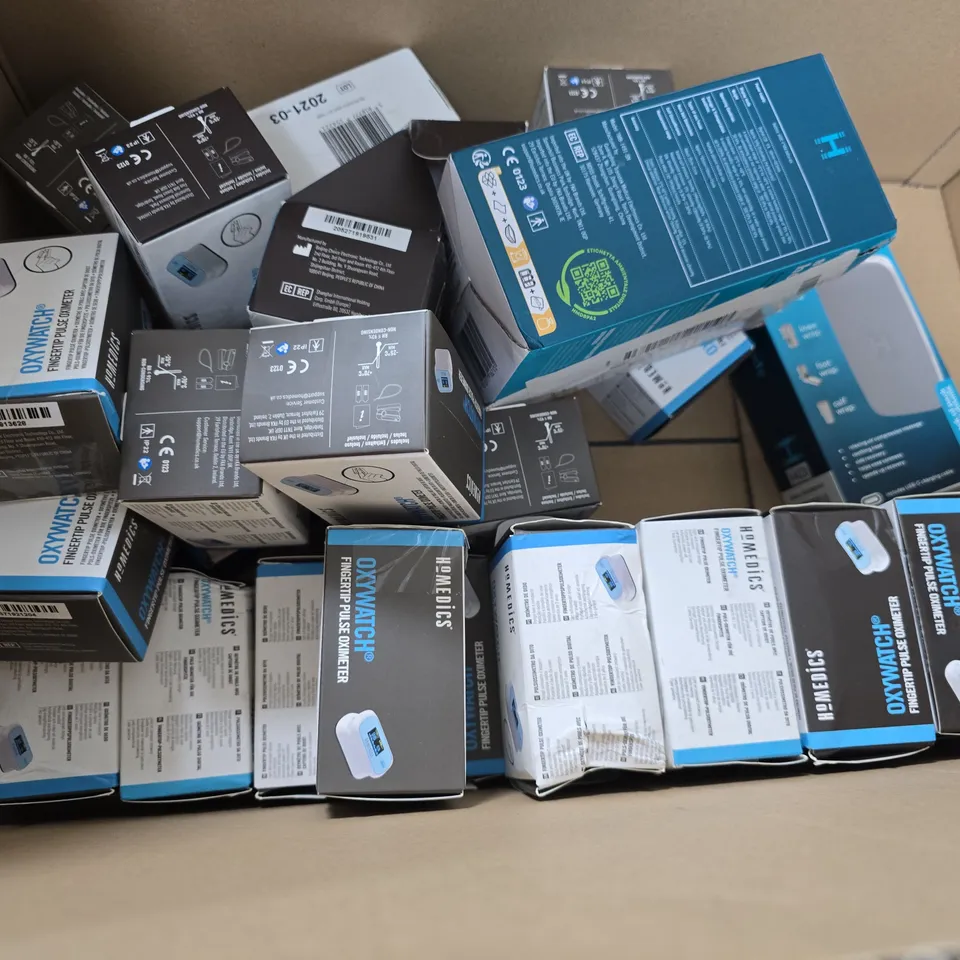 BOX OF APPROXIMATELY 20 ASSORTED HOMEDICS ITEMS TO INCLUDE - CYCLE COMFORT , MODULAIR UNIVERSAL CONTROLLER , OXYWATCH ETC