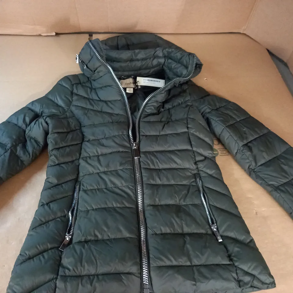 OASIS SHORT PADDED JACKET IN KHAKI - UK 8