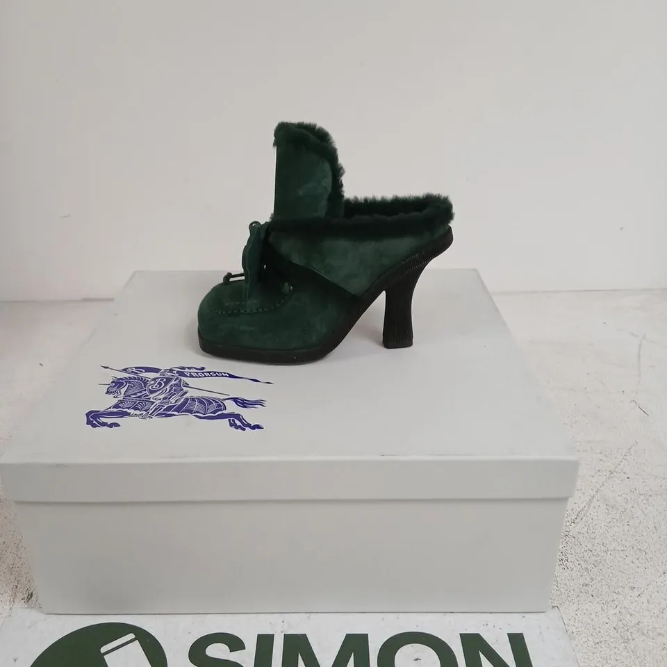BURBERRY HIGHLAND MULE GREEN SUEDE FUR-LINED ANKLE BOOTS – UK 2 (EU 35)