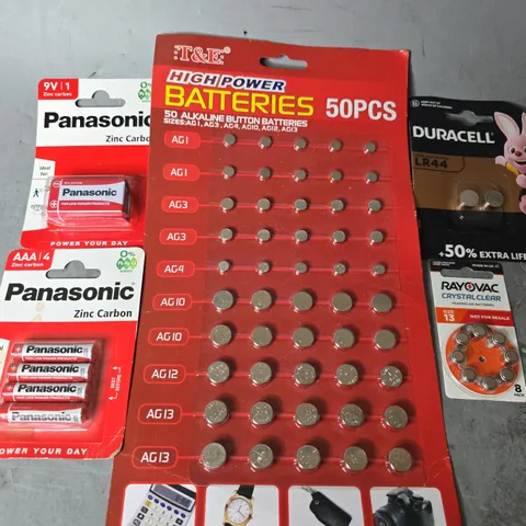 APPROXIMATELY 15 ASSORTED BATTERYS TO INCLUDE-  DURACELL LR44 , RAYOVAC SIZE 13 , PANASONIC AAA ETC
