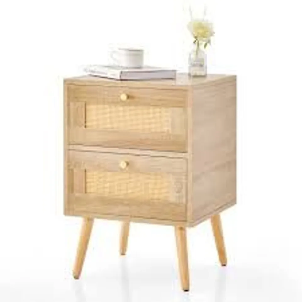 BOXED COSTWAY NATURAL 2 DRAWER BOHO ACCENT RATTAN NIGHTSTAND BEDSIDE TABLE