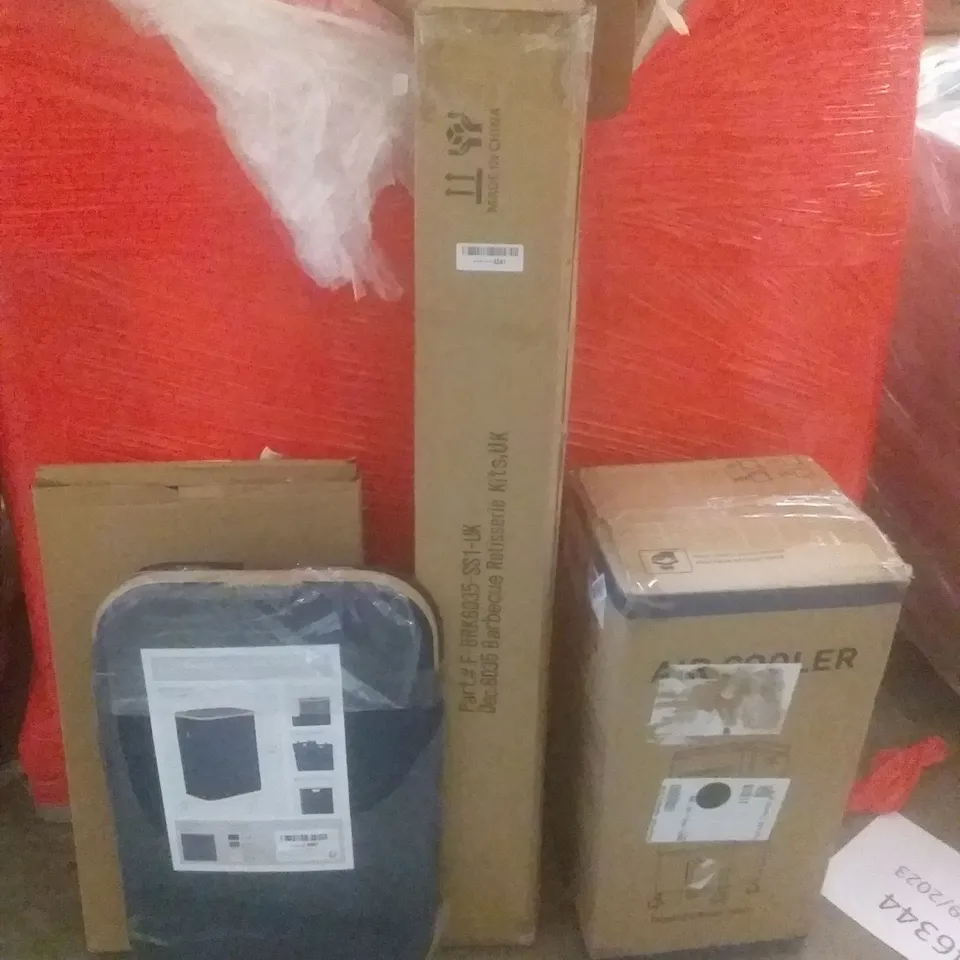 PALLET OF ASSORTED ITEMS INCLUDING AIR COOLER, BARBECUE ROTISSERIE KIT, LAUNDRY BASKET