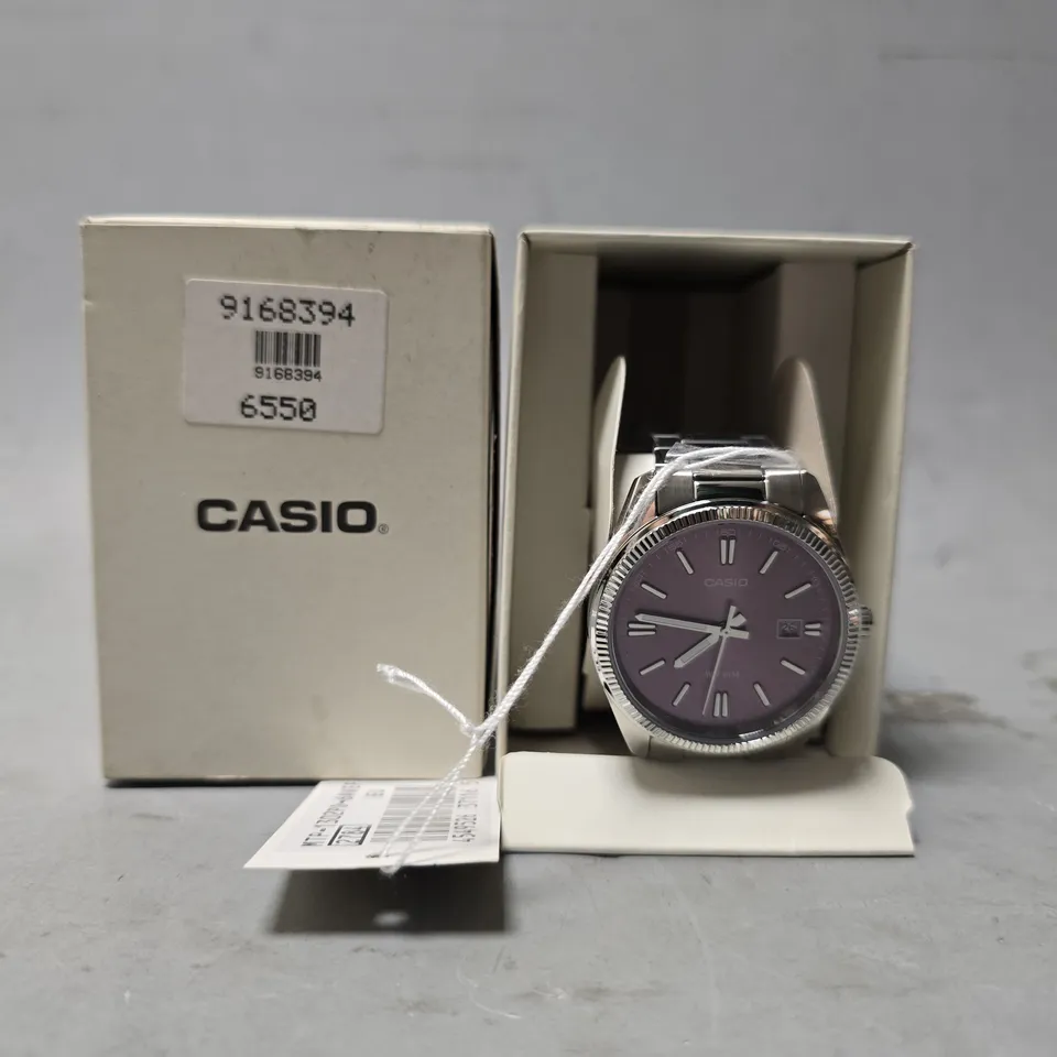 CASIO MTP SERIES ANALOG PURPLE DIAL STAINLESS STEEL STRAP