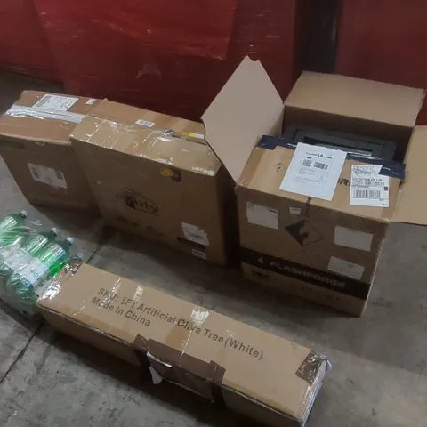 PALLET CONTAINING A LARGE QUANTITY OF ASSORTED ITEMS INCLUDING: FLASHFORGE 3D PRINTER, FONTEVIVA MINERAL WATER, CAT TREE, 5FT ARTIFICIAL OLIVE TREE, FOOD COMPOSTER ECT