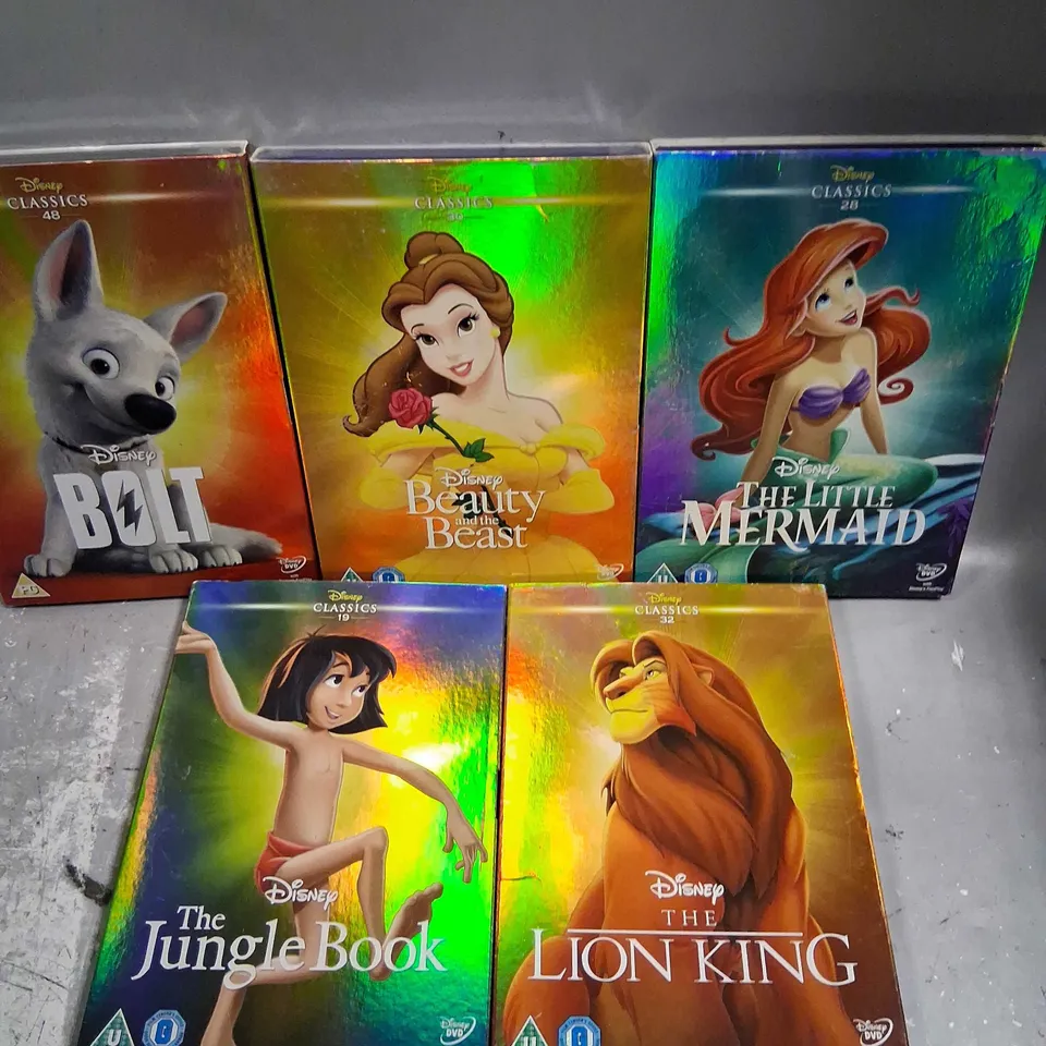 FIVE ASSORTED DISNEY CLASSICS DVDS TO INCLUDE; THE LITTLE MERMAID, THE LION KING, THE JUNGLE BOOK, BEAUTY AND THE BEAST AND BOLT