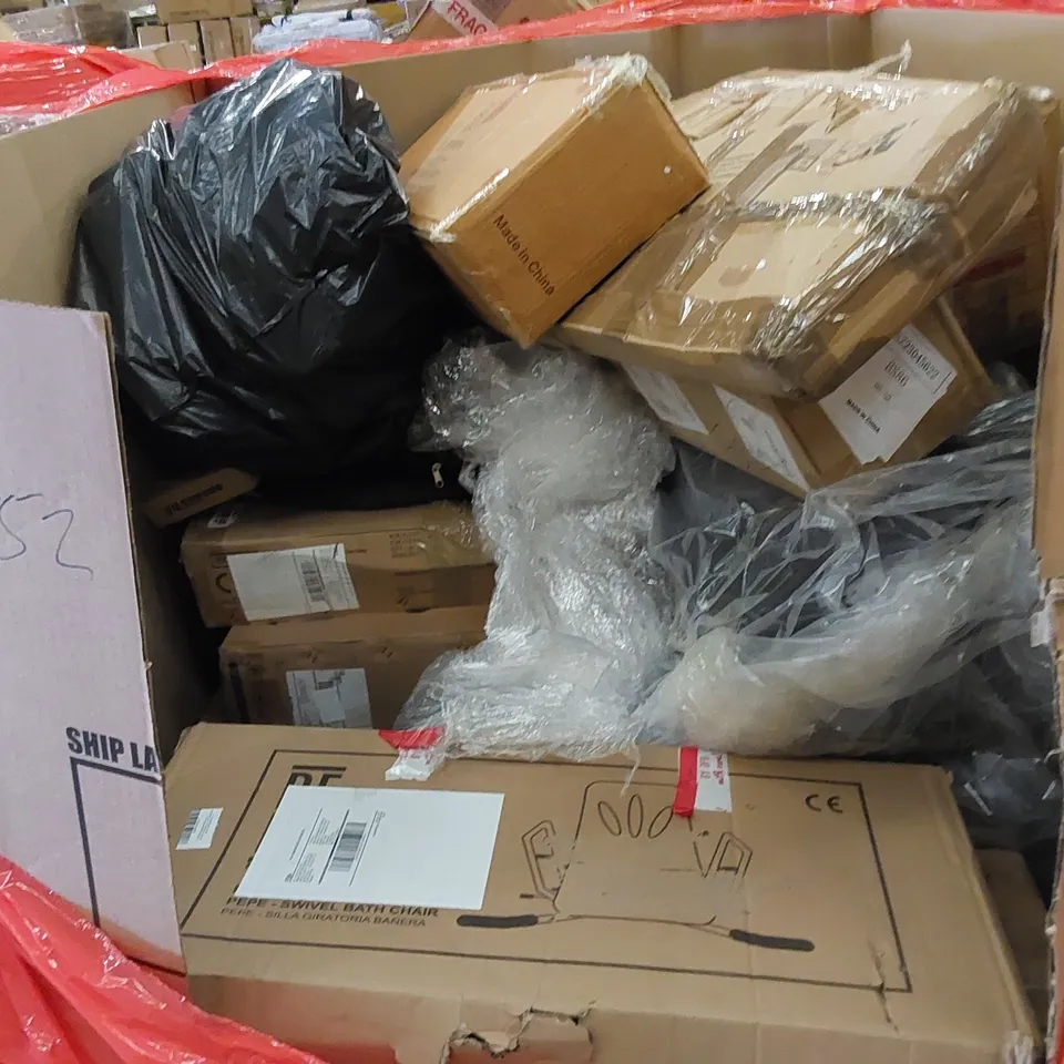 PALLET TO CONTAIN ASSORTED HOUSEHOLD ITEMS AND CONSUMER PRODUCTS. INCLUDING HEATER, BATH CHAIR, ERGONOMIC KNEELING CHAIR, VACUUM CLEANER, BOXED FURNITURE ETC