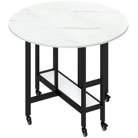 BOXED HOMCOM FOLDING DINING TABLE, DROP LEAF TABLE WITH OPEN SHELF, ROLLING KITCHEN TABLE FOR DINING ROOM, SMALL SPACES, WHITE MARBLE