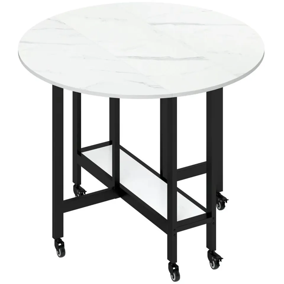 BOXED HOMCOM FOLDING DINING TABLE, DROP LEAF TABLE WITH OPEN SHELF, ROLLING KITCHEN TABLE FOR DINING ROOM, SMALL SPACES, WHITE MARBLE