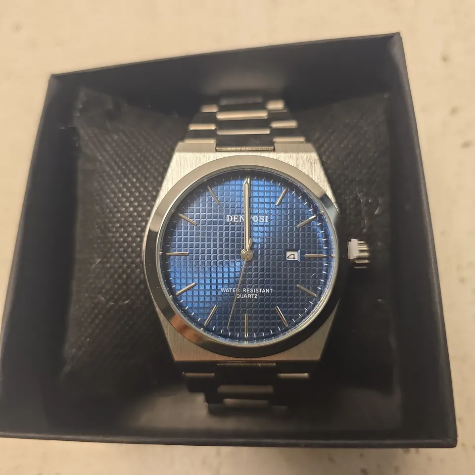 DENOSI STAINLESS STEEL WATCH – BLUE GRID DIAL, DATE WINDOW, QUARTZ