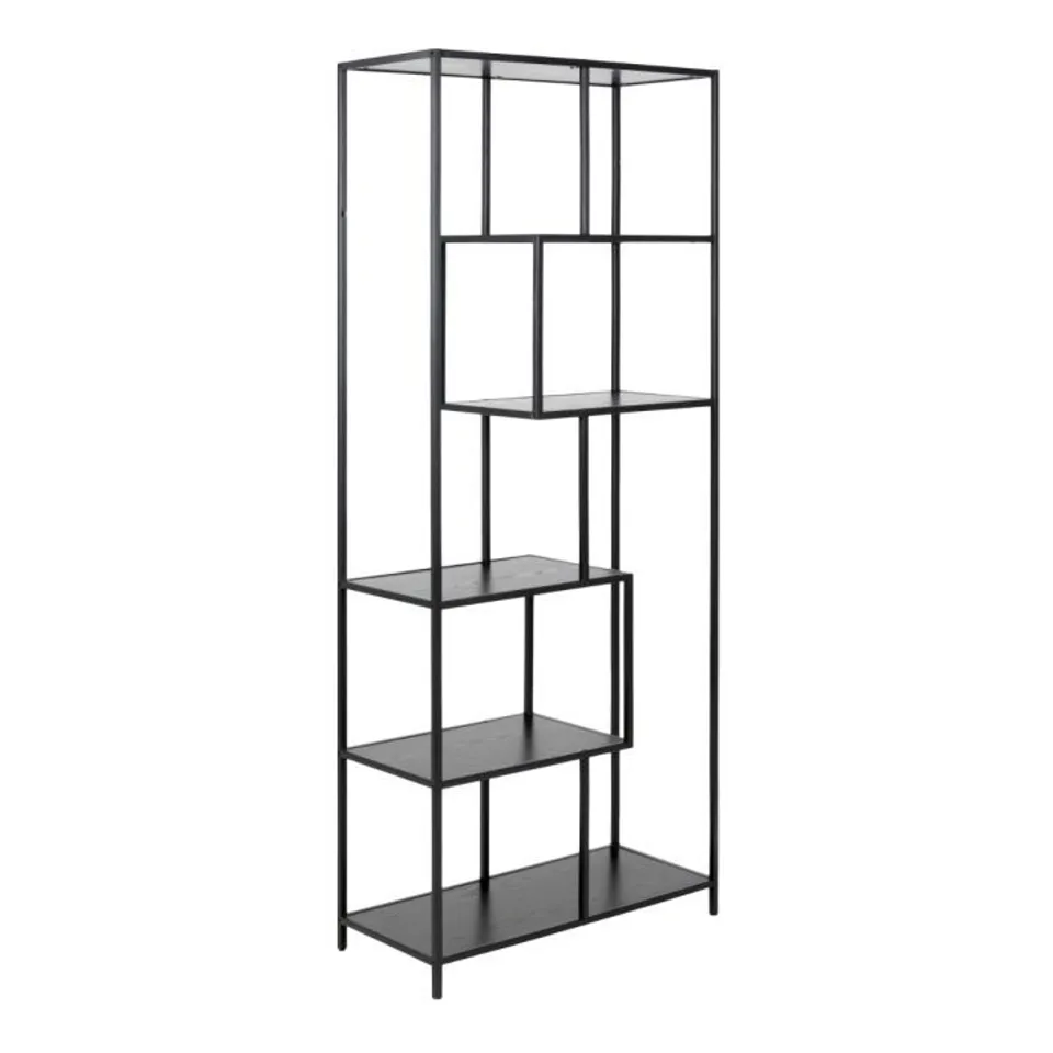 BOXED SEAFORD TALL BLACK METAL BOOKCASE WITH 5 BLACK SHELVES