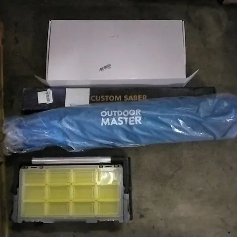 PALLET OF ASSORTED ITEMS INCLUDING OUTDOOR MASTER, CUSTOM SABER, NORTHEN STONE JUNIOR BASKETBALL NET, NEXT SPORT JUNIOR BASKETBALL SYSTEM