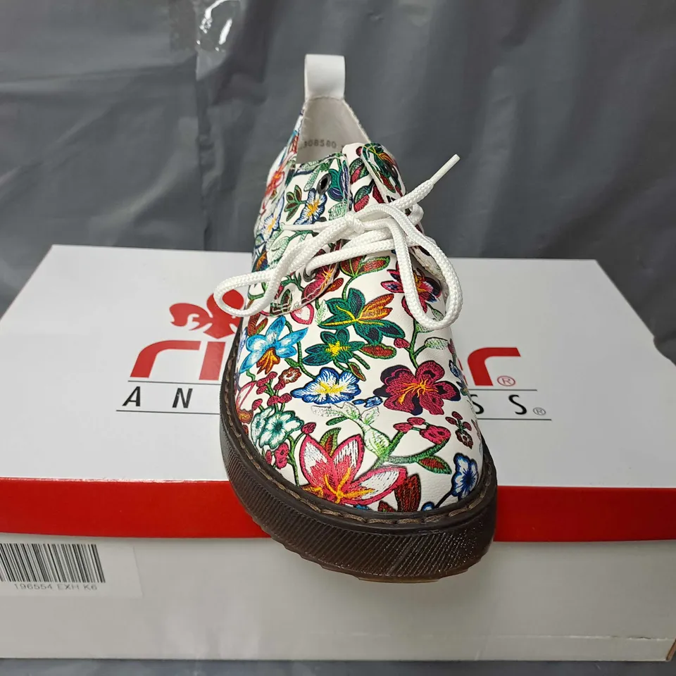 BOXED PAIR OF RIEKER PLATFORM WHITE MUTI COLOURED TRAINERS - SIZE 6