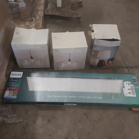 PALLET CONTAINING A VERY LARGE QUANTITY OF ASSORTED DESIGNER LIGHTING PRODUCTS INCLUDING: PHILIPS CEILING LIGHT, TOBIAS PENDANT, JELLY TABLE LAMP ECT