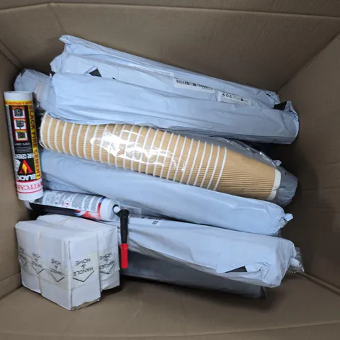 BOX OF APPROXIMATELY 15 ASSORTED HOUSEHOLD ITEMS TO INCLUDE WALLPAPER, CARDBOARD CUPS AND BLACK FIRW CEMENT 