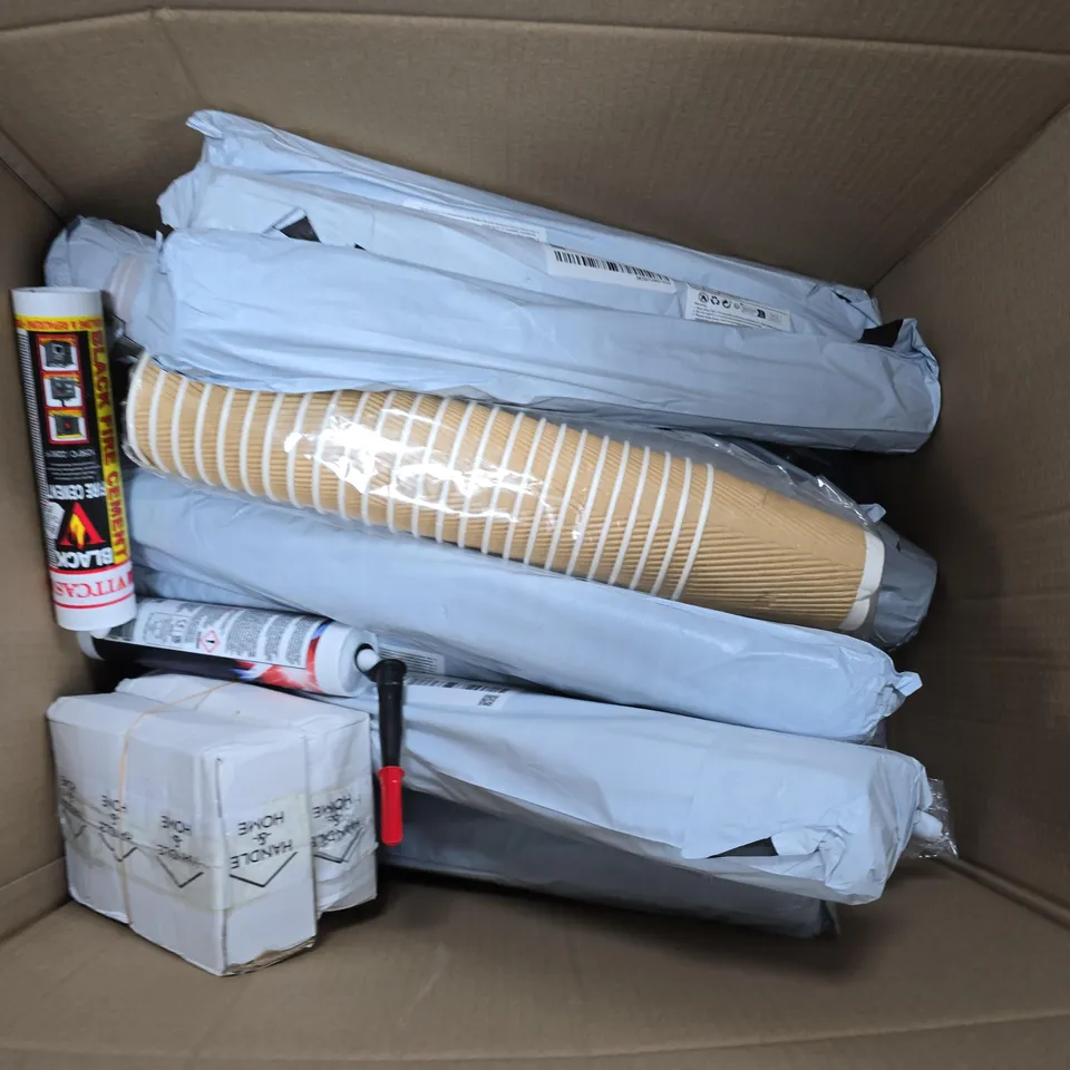 BOX OF APPROXIMATELY 15 ASSORTED HOUSEHOLD ITEMS TO INCLUDE WALLPAPER, CARDBOARD CUPS AND BLACK FIRW CEMENT 