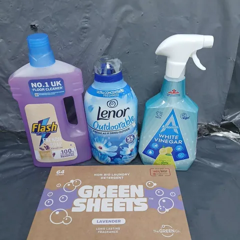 TOTE OF APPROXIMATELY 15 HOUSEHOLD ITEMS TO INCLUDE - FLASH CLEANER - LENOR FABRIC SOFTENER - LAUNDRY SHEETS