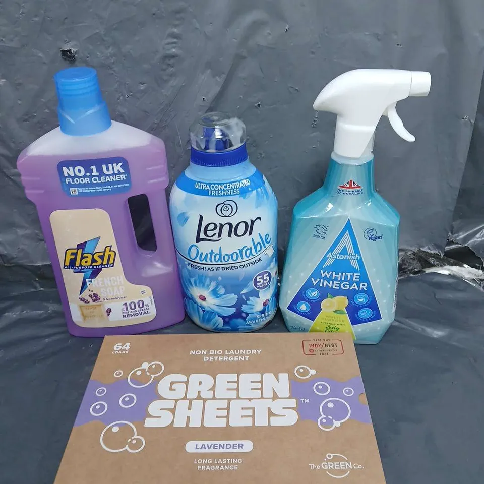 TOTE OF APPROXIMATELY 15 HOUSEHOLD ITEMS TO INCLUDE - FLASH CLEANER - LENOR FABRIC SOFTENER - LAUNDRY SHEETS