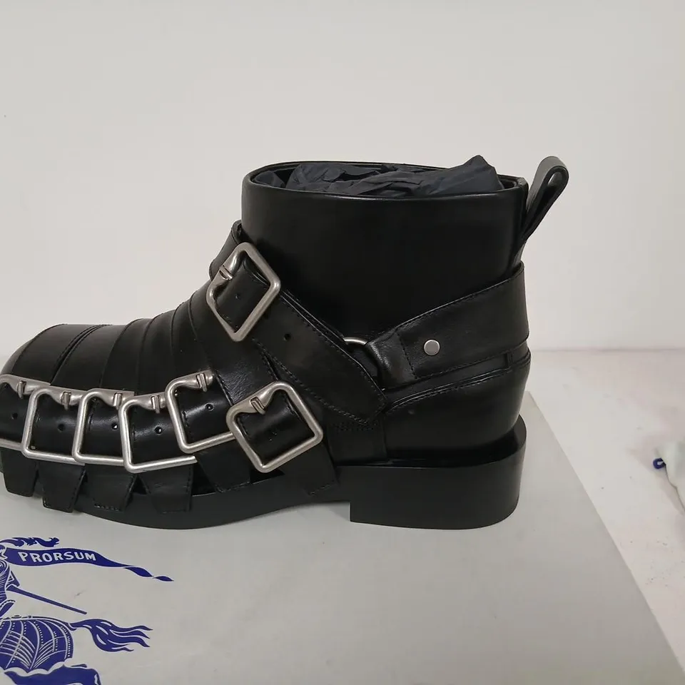 BURBERRY LEATHER BOOTS, UK 6.5 (EU 39.5), BLACK, BUCKLED ANKLE BOOTS