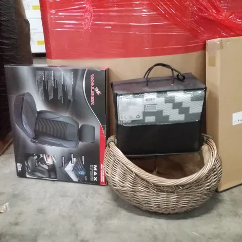 PALLET OF ASSORTED HOUSEHOLD GOODS AND PRODUCTS TO INCLUDE;CAR SEAT CUSHION, OUTDOOR FLOOR MAT,BASKET,BATHTUB TRAY