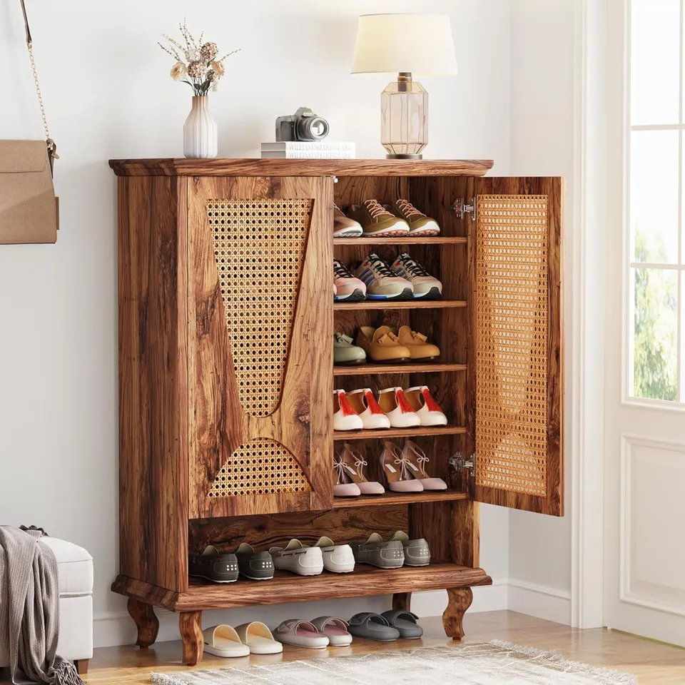 BOXED TRIBESIGNS RATTAN SHOE CABINET FOR ENTRYWAY, 5-TIER LARGE HIDDEN SHOE ORGANIZER CABINET WITH VENTILATED DOORS (1 BOX)