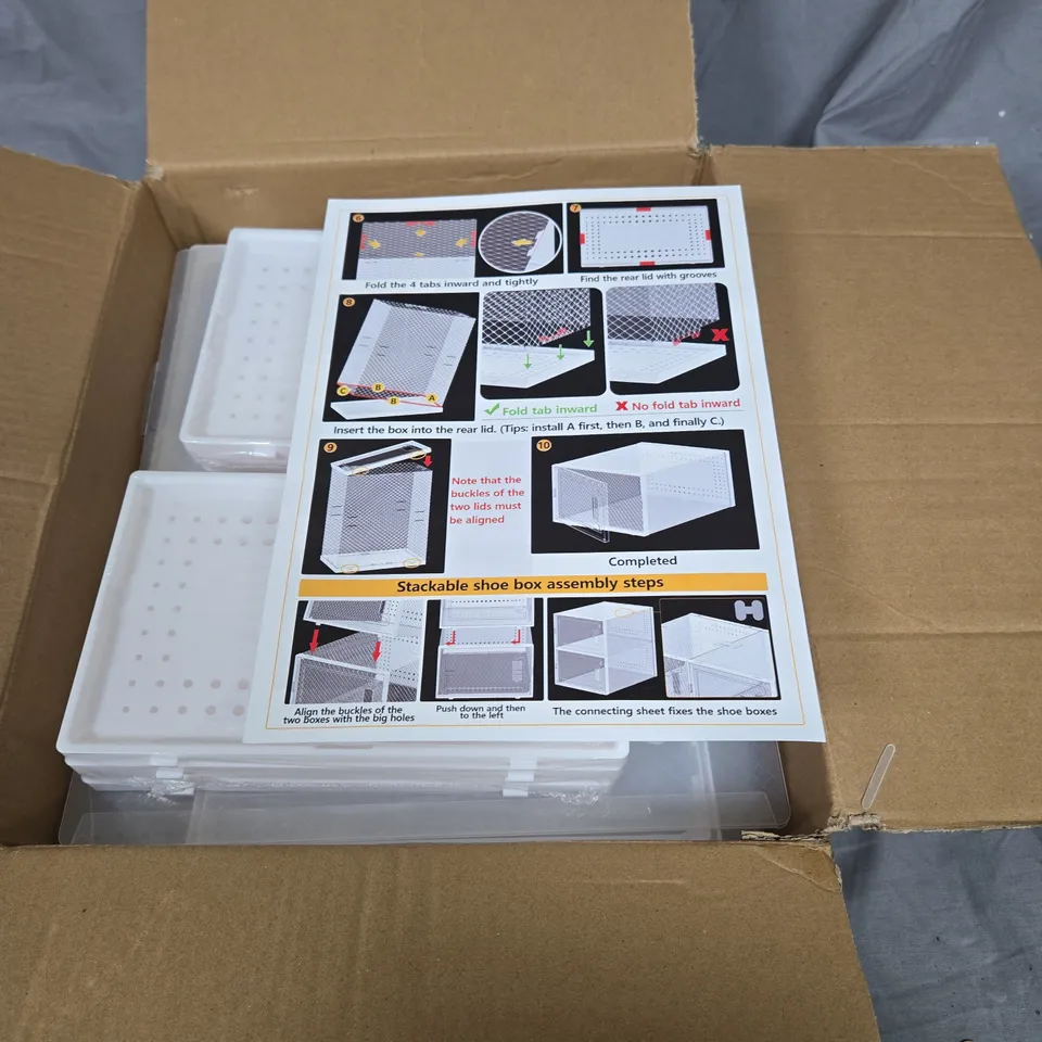 STACKABLE SHOE BOX STORAGE SYSTEM - WHITE PERFORATED TRAYS WITH INSTRUCTION SHEET