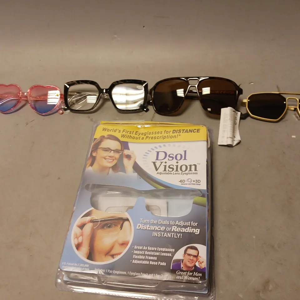 BOX OF APPROXIMATELY 10 ASSORTED GLASSES TO INCLUDE - UNBRANDED HEART GLASSES, DSOL VISION WITH ADJUSTABLE LENS , UNBRANDED SUN GLASSES ETC