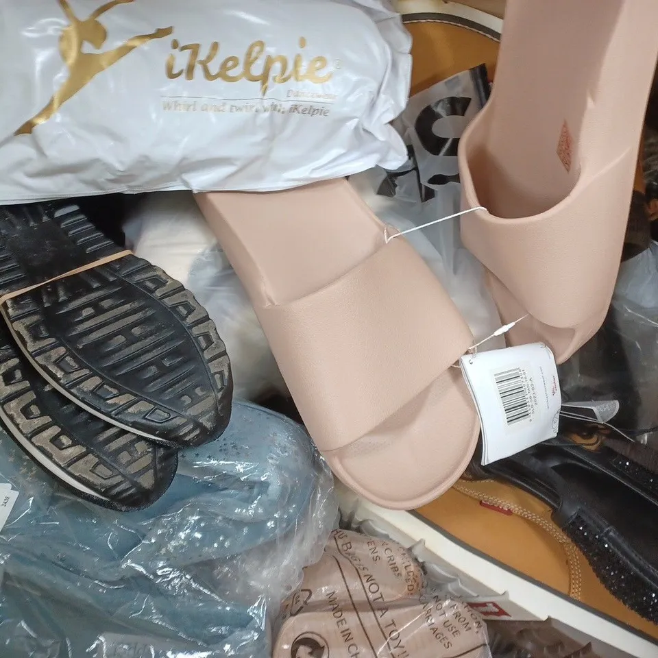 BOX OF APPROXIMATELY 15 ASSORTED PAIRS OF SHOES AND FOOTWEAR ITEMS IN VARIOUS COLOURS, STYLES, AND SIZES - COLLECTION ONLY