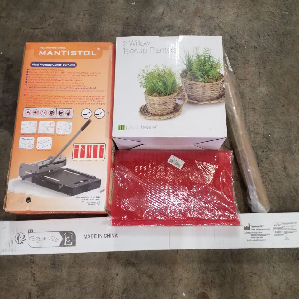 PALLET CONTAINING ASSORTED PRODUCTS TO INCLUDE WILLOW TEACUP PLANTERS, VINYL FLOORING CUTTER, TELESCOPIC ROD, RUBBER SOLE PAD, OIL LEVEL DIPSTICK