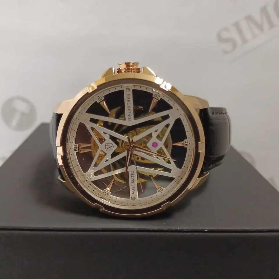 MENS VONLANTHEN AUTOMATIC SKELETON WATCH – V110 - GLASS EXHIBITION BACKCASE – BLACK LEATHER STRAP