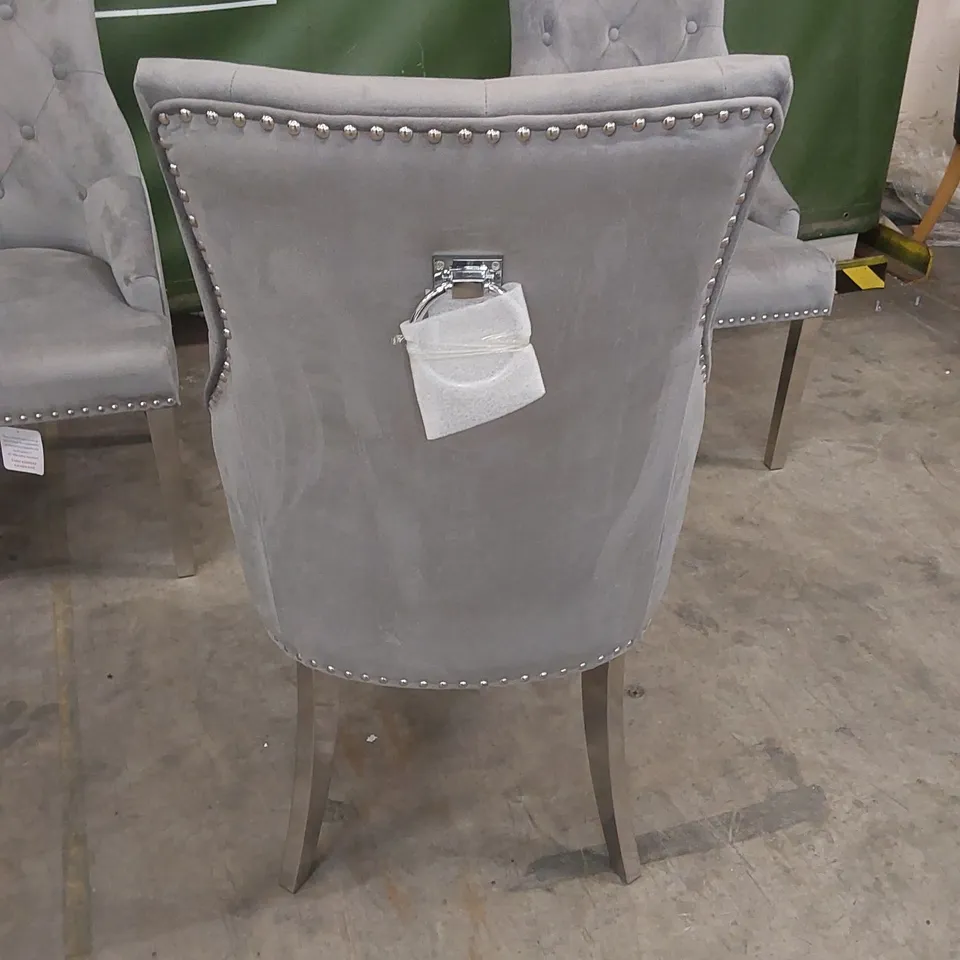 SET OF 6 IMPERIAL GREY VELVET BUTTON BACK DINING CHAIRS WITH CHROME LEGS 