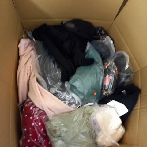 BOX OF ASSORTED CLOTHING ITEMS TOO INCLUDE DRESSES , SHIRTS AND TROUSERS IN VARIOUS SIZES AND COLOURS