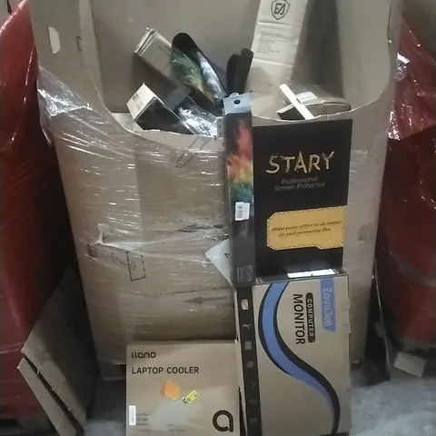 PALLET OF ASSORTED HOUSEHOLD GOODS AND PRODUCTS TO INCLUDE; MONITOR, LAPTOP COOLER, GAMING MOUSE PAD ETC