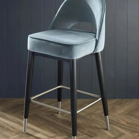 BOXED CLOVER BLACK WOOD WITH STAINLESS STEEL CAPS BAR STOOL IN BLUE GREY PLUSH VELVET