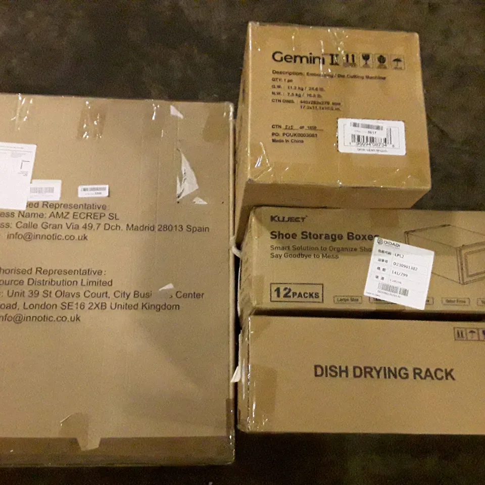 PALLET OF ASSORTED PRODUCTS INCLUDING SHOE STORAGE BOXES, DISH DRYING RACK, DIE CUTTING MACHINE, CLOTHES AIRER 
