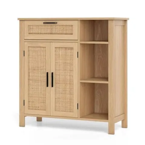 BOXED BUFFET STORAGE CABINET WITH NATURAL RETTAN DOORS, WOODEN BUFFET SIDEBOARD (1 BOX)
