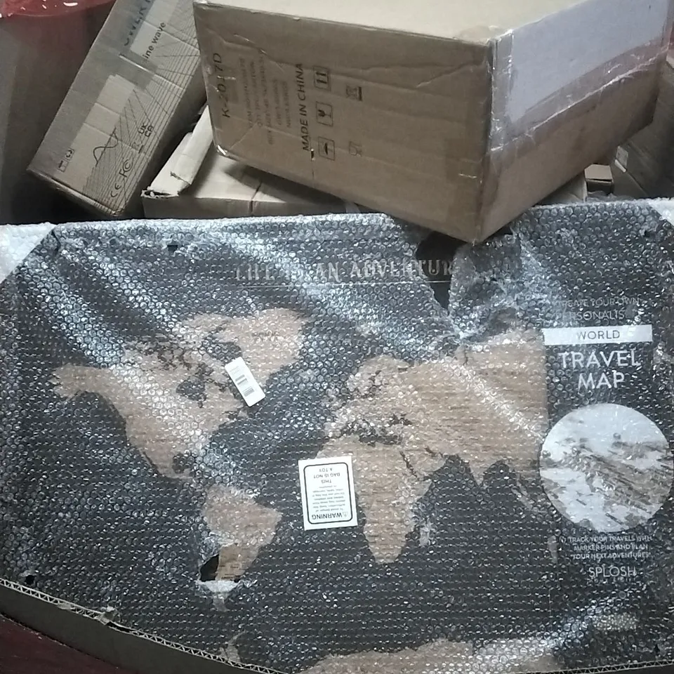 PALLET OF ASSORTED HOUSEHOLD GOODS AND PRODUCTS TO INCLUDE; TRAVEL MAP, BBQ, POWER INVERTER, BOXED FURNITURE ETC