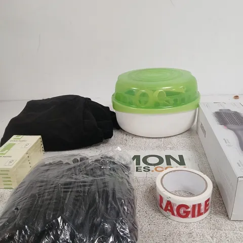 BOX OF APPROXIMATELY 10 ASSORTED ITEMS INCLUDING BAUER PRO ICONIC BLOW DRY HAIR BRUSH, FRAGILE TAPE AND MAM MICROWAVE STEAM STERILISER