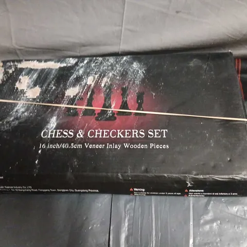 CHESS & CHECKERS SET – VENEER INLAY WOODEN PIECES, 16 INCH