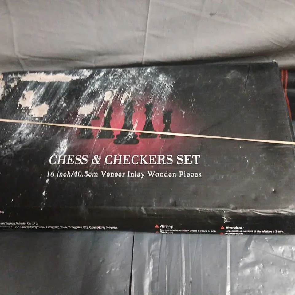CHESS & CHECKERS SET – VENEER INLAY WOODEN PIECES, 16 INCH