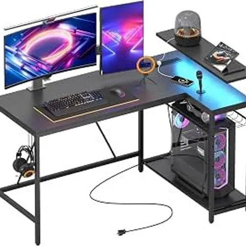 BOXED BESTIER 132.5CM L-SHAPED DESK WITH 3 POWER OUTLETS & 2 USB PORTS, LED STRIP LIGHTS – REVERSIBLE CORNER PC WORKSTATION